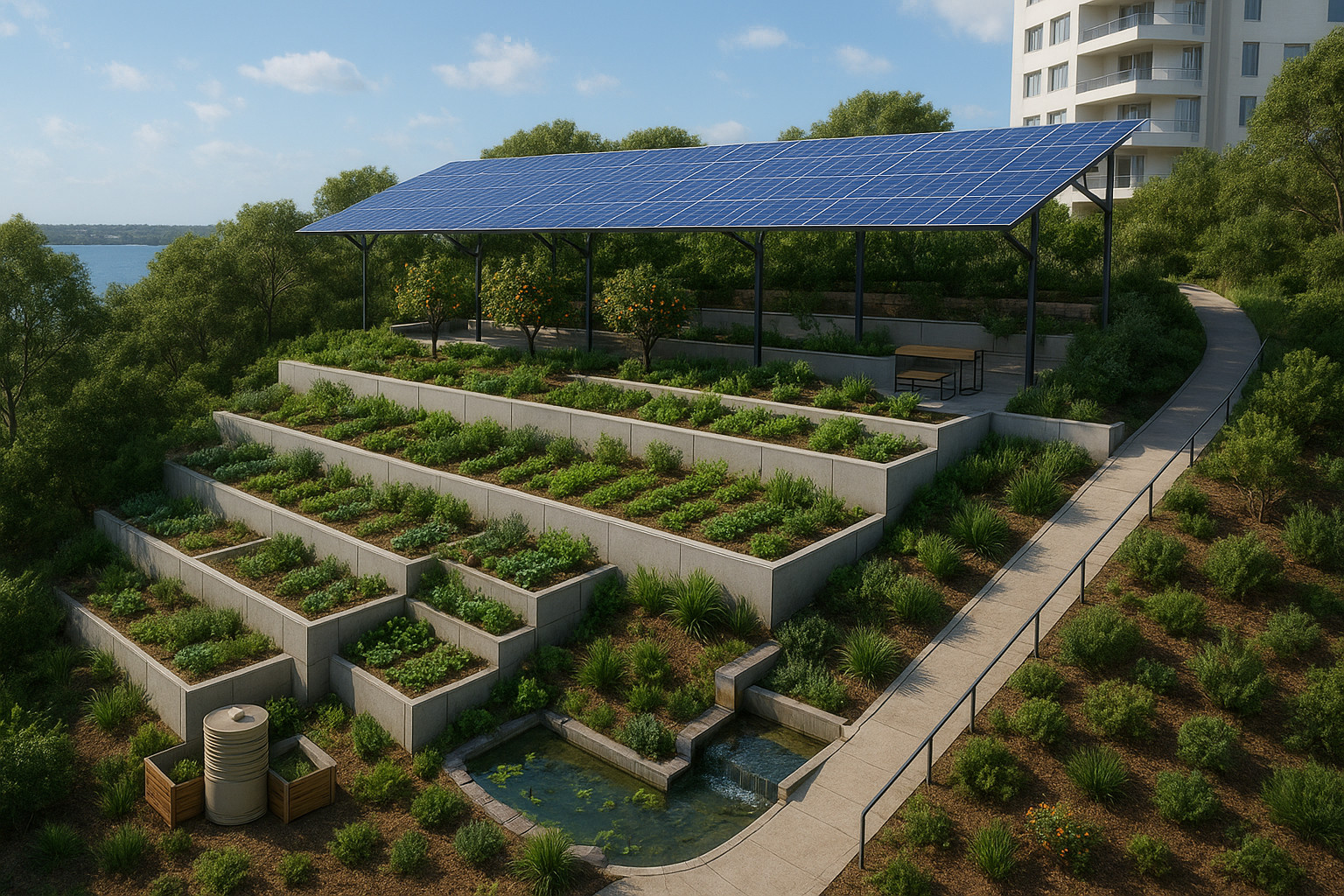 Terraced agrisolar gardens as Bitcoin citadel foundation